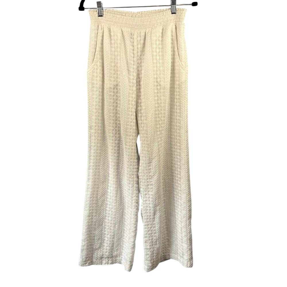 Bohemian White Eyelet Lace Pull-on Wide‎ Leg Pant Size S Festival Summer Beach